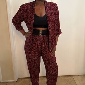 Red and Black Patterned Open Blazer And Pants Set